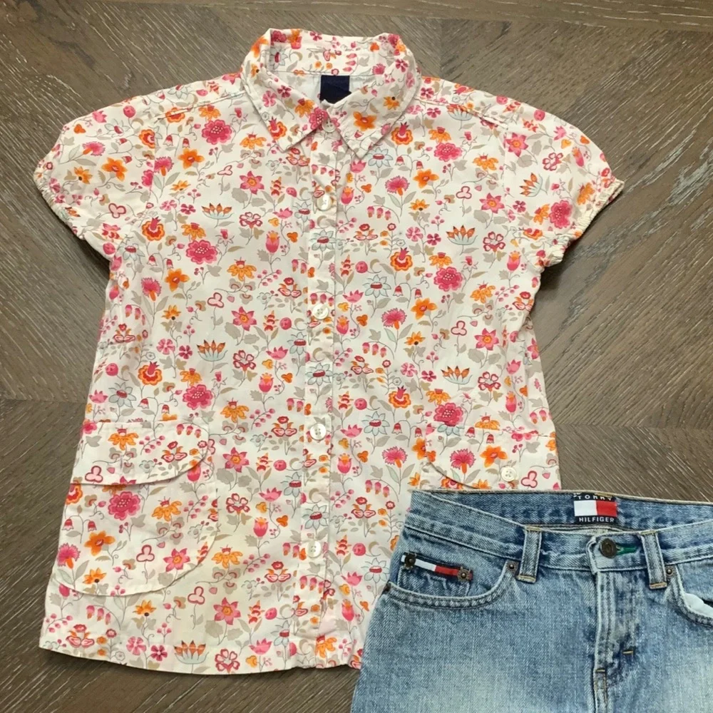 Gap kids pink orange flower print cotton shirt 8